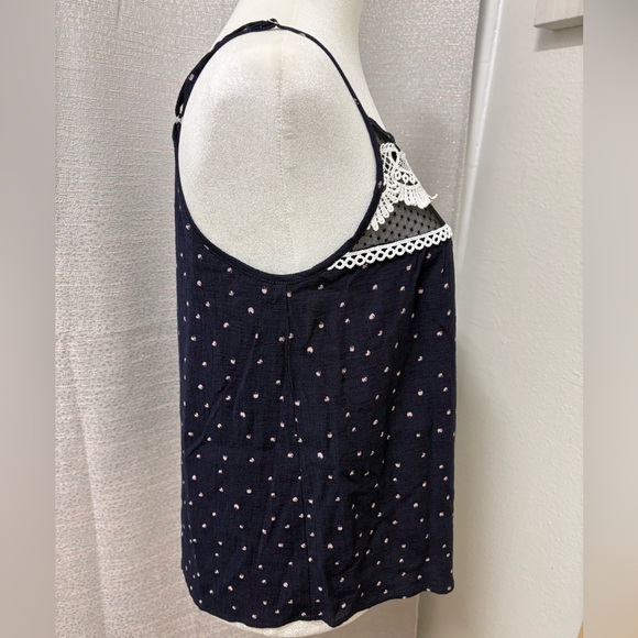 E & M Navy Blue Polka Dot Lace Trim Top Size Small Boho Embroidered Festival - Picture 5 of 12